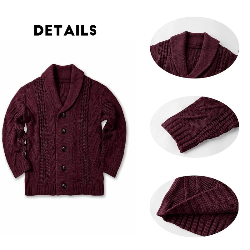 Karlywindow Mens Cable Knit Cardigan Sweater Shawl Collar Loose Fit Long Sleeve Casual Cardigans Burgundy - Image 4